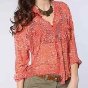 COPY - Free People Easy Rider Geo Top Womens Small Coral & Navy Button Blouse H…